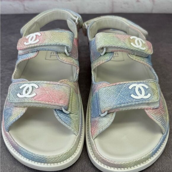 Chanel 22C Green Pink Blue White CC Logo Mule Slide Strap Flat Dad Sandal 40 - Picture 8 of 15